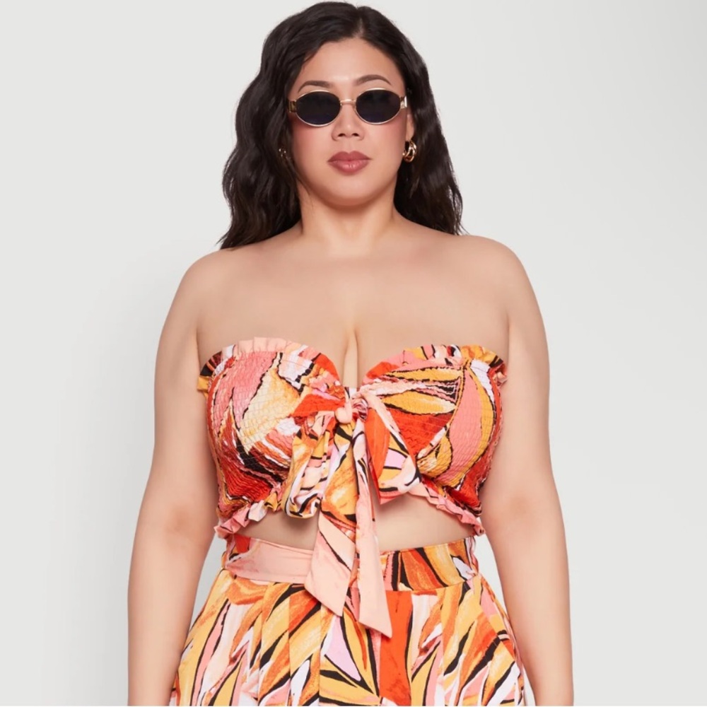 Rainbow Strapless Tropical Crop Top - Orange and Pink - Picture 2 of 7